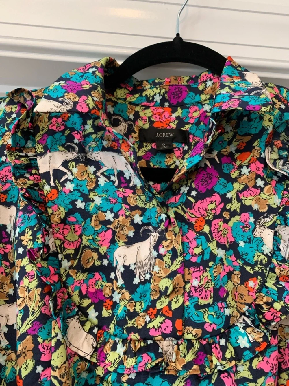 J. Crew Teal Floral “ Grazing Goats”  Long Sleeve Shirt Dress with Belt 0 NWOT